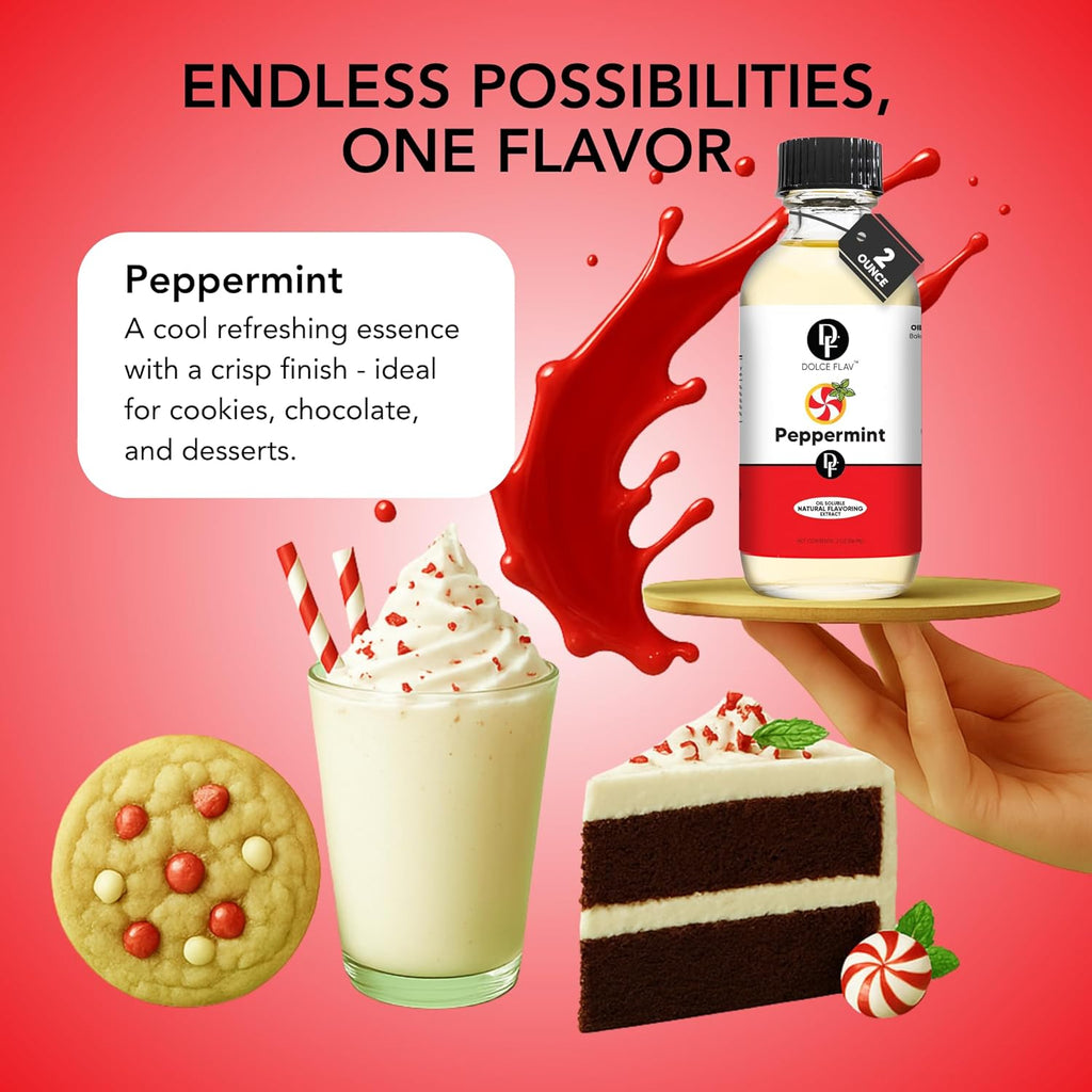 Dolce Flav Natural Peppermint Extract – 2 Ounce Oil-Soluble Kosher, Sugar-Free, Concentrated Pure Mint Flavor for Hard Candy, Chocolates & Baking, Includes Measured Dropper