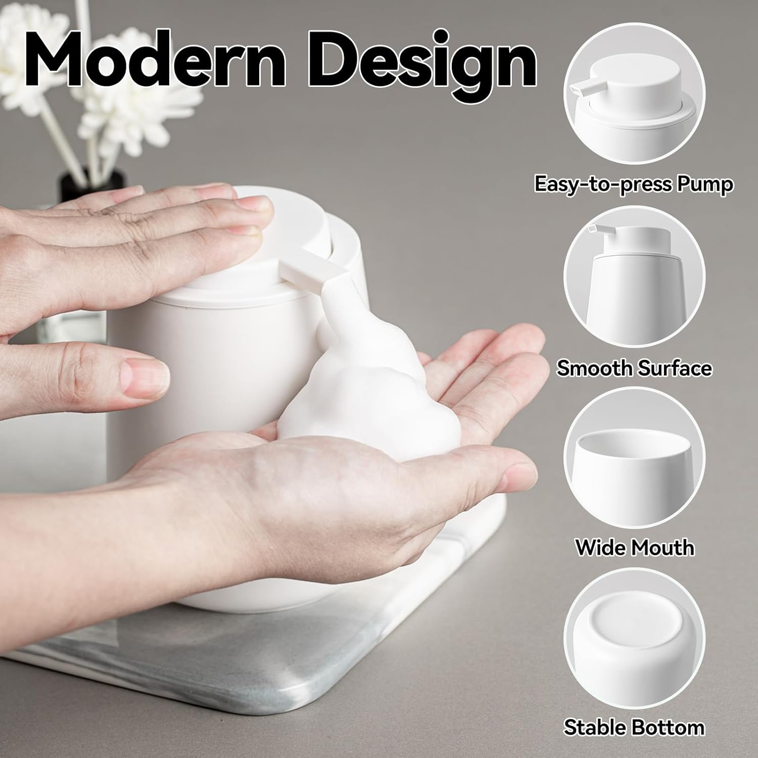 Foaming Soap Dispenser - 12 OZ White Ceramic Foam Soap Dispenser for Bathroom, Hand Wash Dispenser Bottle with Black Foaming Pump, Refillable Dish Dispenser Kitchen