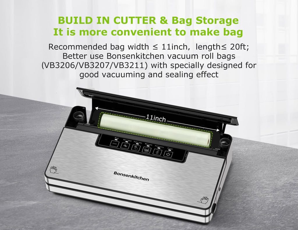 Bonsenkitchen Vacuum Sealer Machine, Stainless Steel Food Sealer Vacuum Sealers with 30 Bags & 1 Roll, 5 Food Vacuum Modes, Built-in Cutter & Bag Storage (Silver Black)