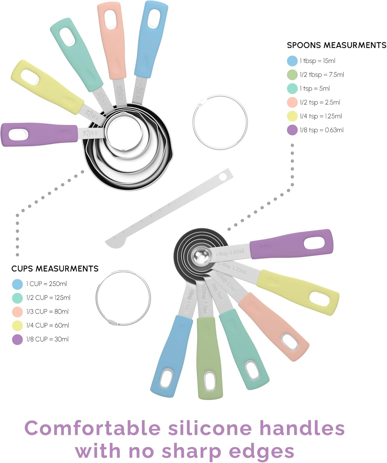Measuring Cups and Measuring Spoons Set of 14 - Stainless Steel Measuring Cups and Spoons Set, Includes 1/8 Teaspoon Measuring Spoon, 1/8 Cup Measuring Cup, Leveler Dry (14,Cotton Candy)