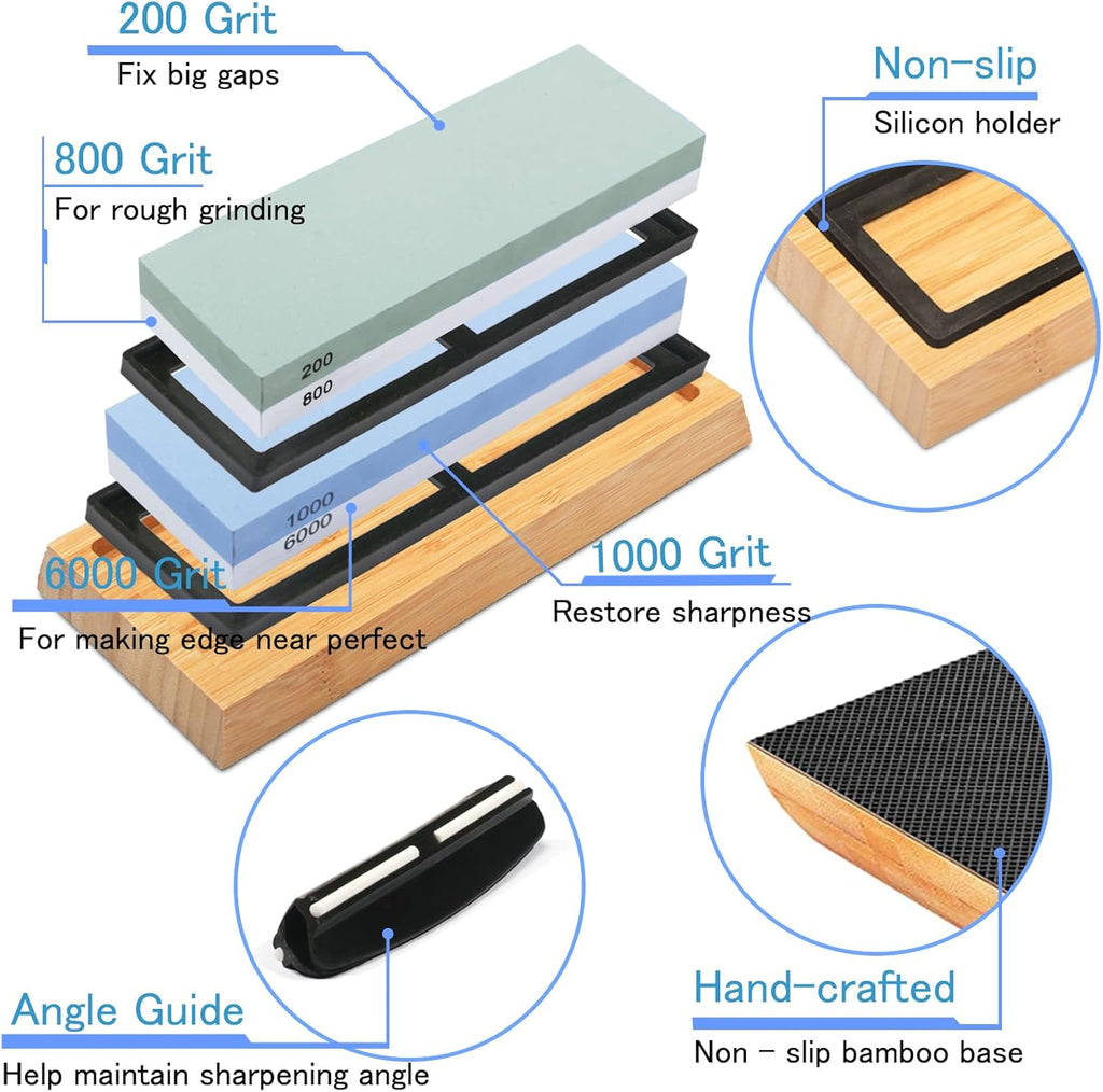 Whetstone Knife Sharpening Stone Kit: Double Straight Chef Sharpener Set - 200/800 1000/6000 Coarse Fine Grit kitchen Professional 2 Sided Honing Wet Stones Slip-Resistant Bamboo Base and Angle Guide