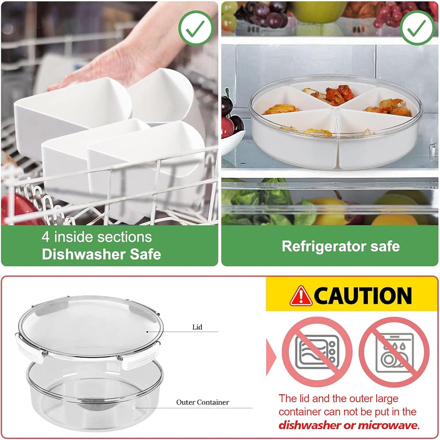 Divided Serving Tray with Lid, Removable Divided Platter Snack Box Container, Snackle Box Food Storage Charcuterie Containers, Fruit Snack Tray for Party, Veggies, Snack, Fruit, Nuts, Candy, Chip