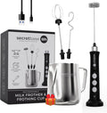 Secretbase 3 Speed Rechargeable Milk Frother and Cup Set, Cordless USB Charging Cradle - Handheld Milk Frother, Double-thickness Whisk, Tiny Egg Beater, Mini Electric Coffee Stirrer(Black)