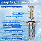 Sink Drain Stopper, 3-in-1 Pop Up Sink Strainer with Removable Hair Catcher for Bathroom Sink, Universal 1.1-2.36 Inch Drain Cover, 2PCS, Brass Core (New/1PCS)