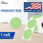 Perco Green 2-Inch Perforated Circle Dot Thermal Sticker Labels — 735 Stickers/Roll, Direct Thermal Printer Compatible—with Permanent Adhesive for Organizing, Color Coding, Bin Labeling—Made in USA