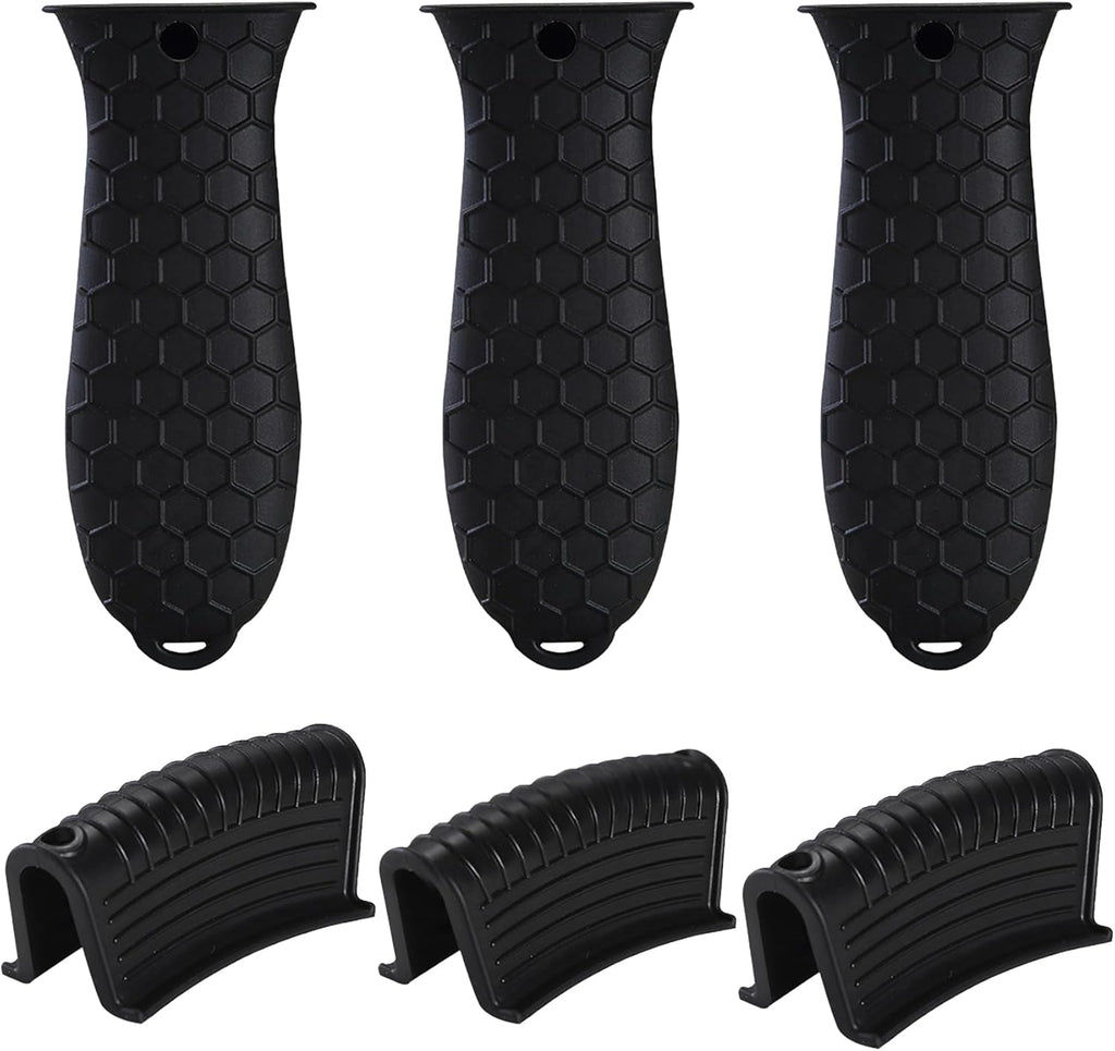 6 Pieces Silicone Hot Tool Holder Heat Resistant Potholder Cookware Handle Non Slip Rubber Pot Holders Handles Grip Covers for Cast Iron Skillet Silicone Cooking Kitchen Suits (Black)