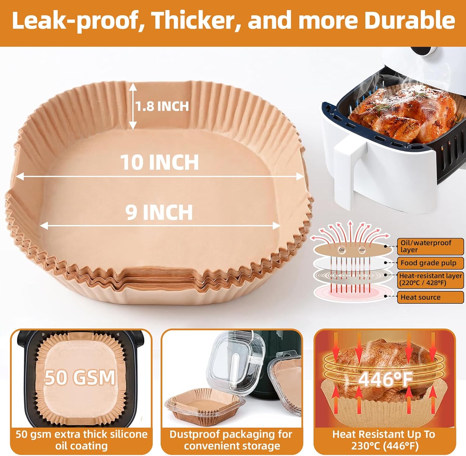 Air Fryer Paper Liners XXL for 8-12 Qt Airfryer, 200pcs 9-10 inch Square Thickened 50gsm Disposable Parchment Tray