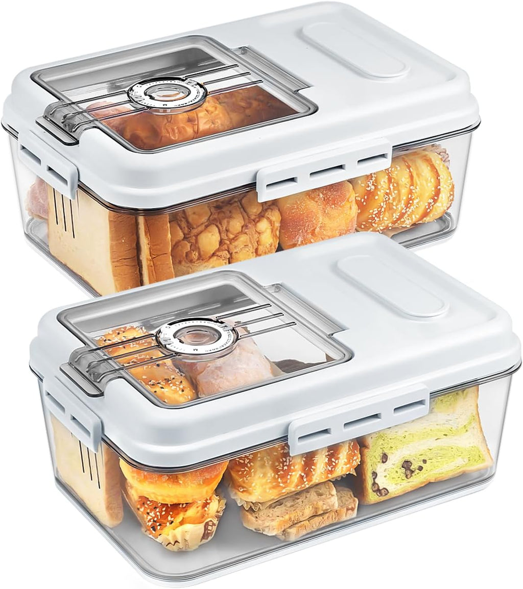 Dynta 2 Pack Bread Box for Kitchen Countertop Airtight Bread Storage Container with Lid Time Recording Plastic Bread Keeper for Homemade Bread, Toast, Loaf and Cookies