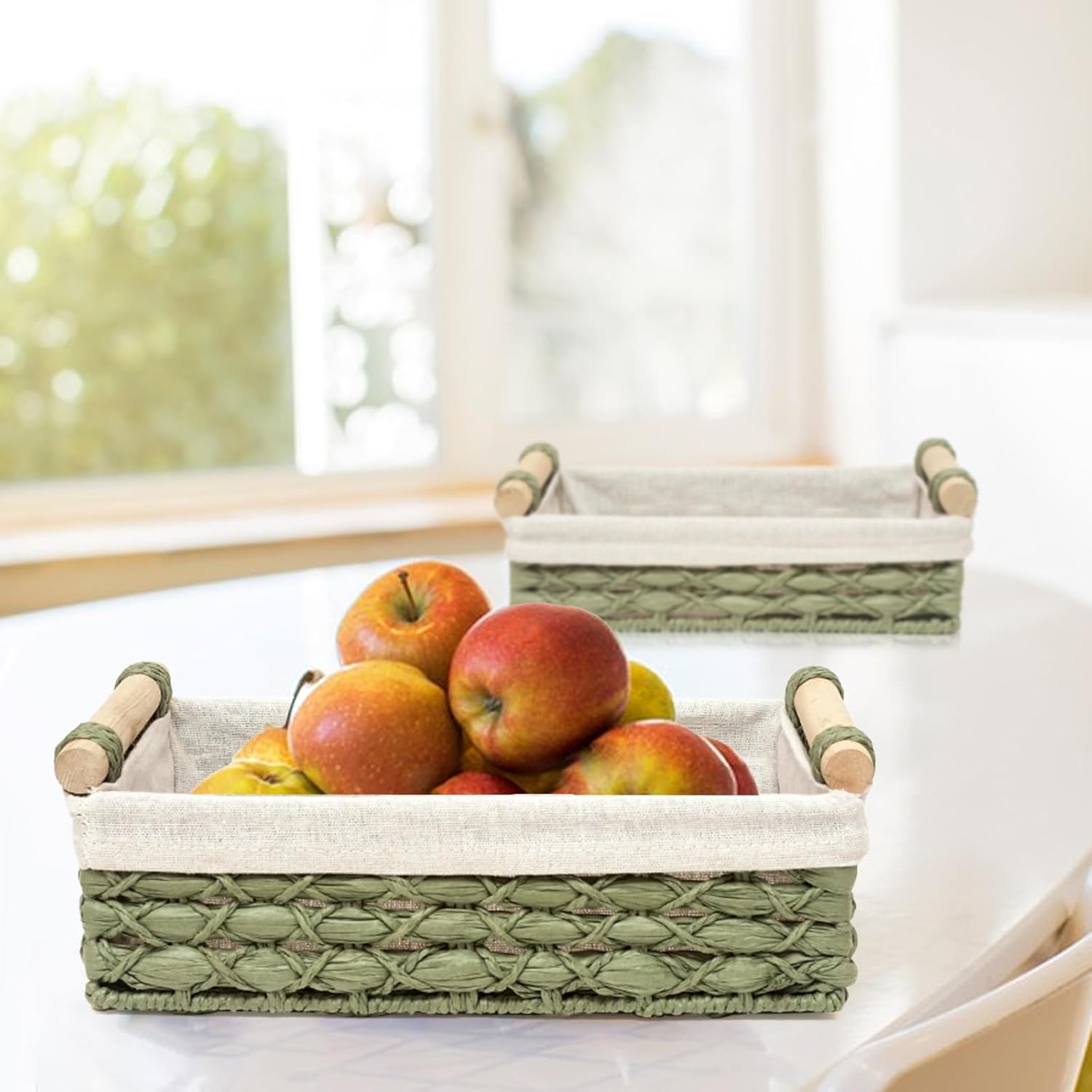 Storage Basket Wicker Baskets for Organizing with Handle Decorative Storage Bins for Countertop Toilet Paper Storage Basket for Toilet Tank Top Small Baskets Set (Set of 2,Green)