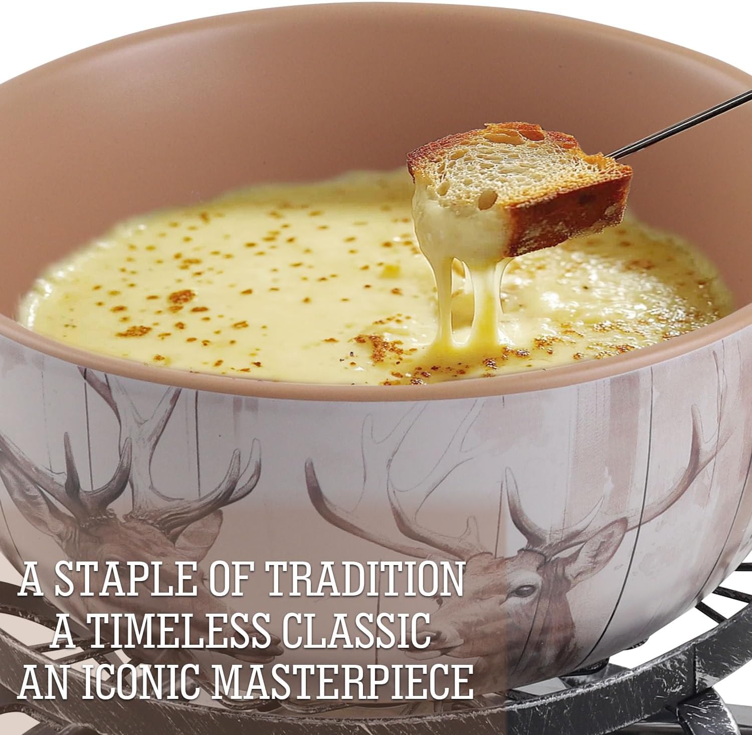 Artestia Swiss Fondue Set for Party - 2L Large Capacity Cheese Fondue Pot Melting Chocolate, Ceramic Fondue Pot, 6 Fondue Forks, Christmas, Wedding Gifts (Forest Duo)