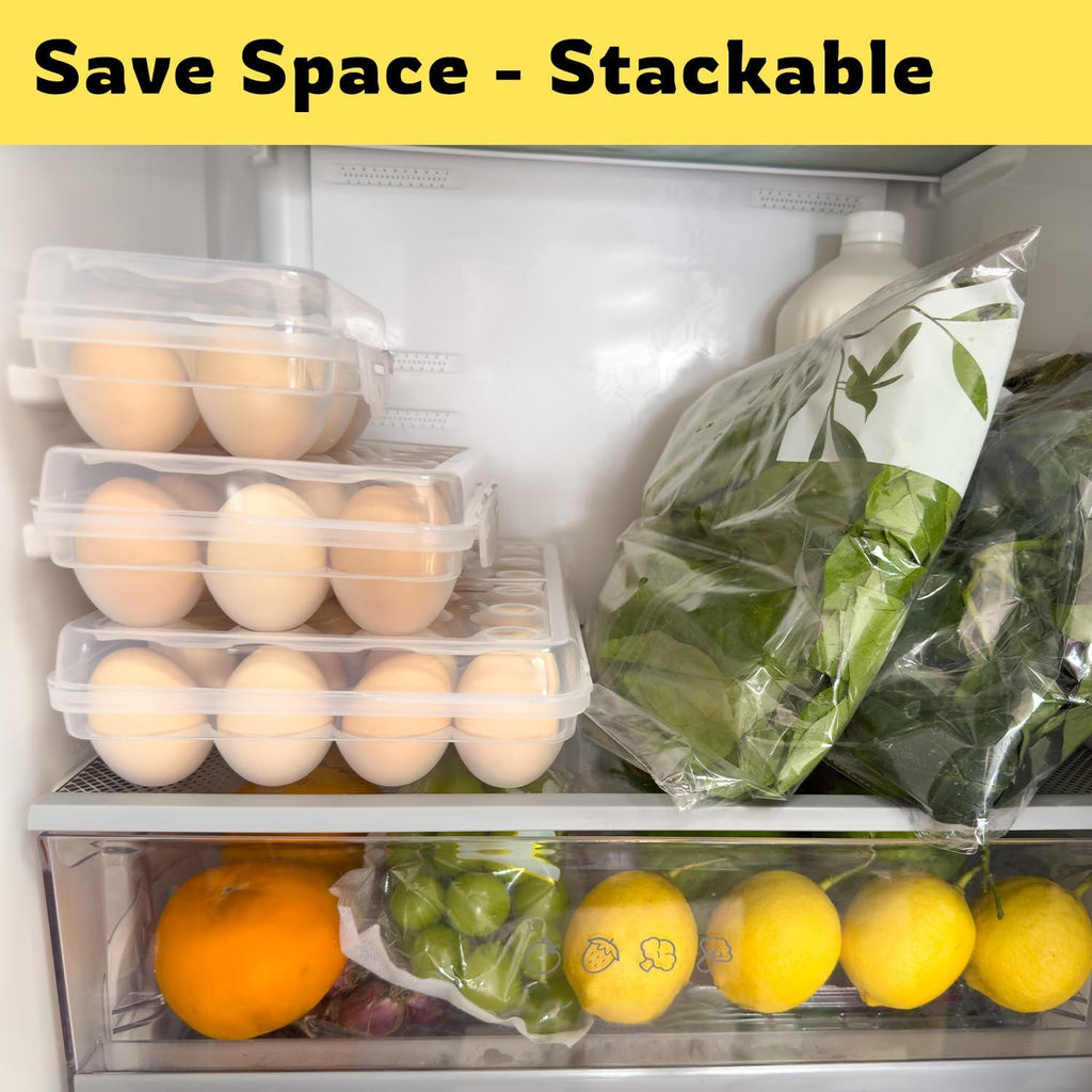 Egg Holder Camping, Egg Holder for Fridge, Portable Egg Tray with Lid, Stackable Egg Storage with Safety Buckle, 6 Grid Egg Container, Clear White