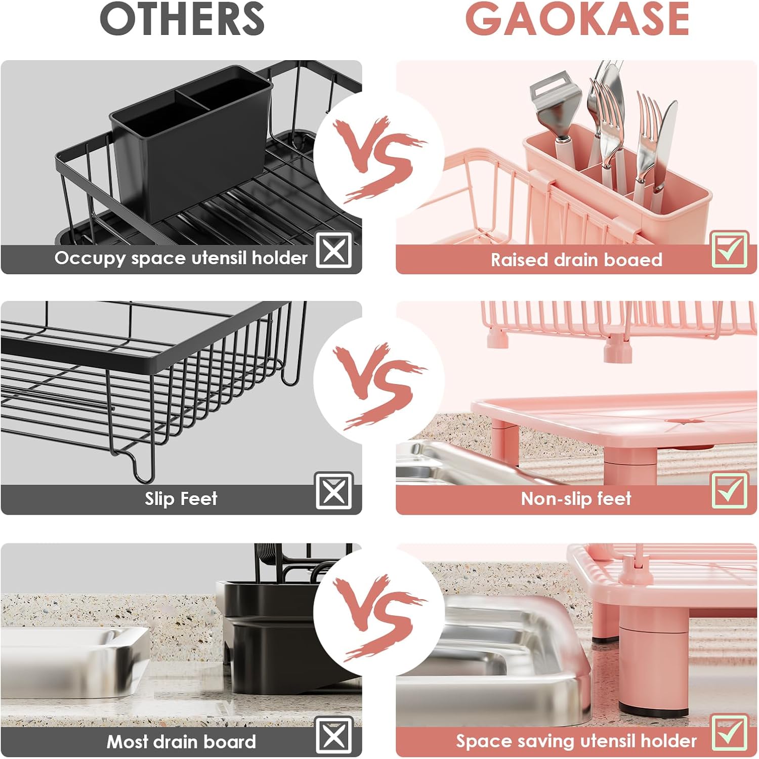 Dish Drying Rack, Space-Saving Dish Rack, Dish Racks for Kitchen Counter, Kitchen Dish Drainers with Removable Utensil Holder,Plate Rack and Drainboard, 11''W x 15''L, Pink