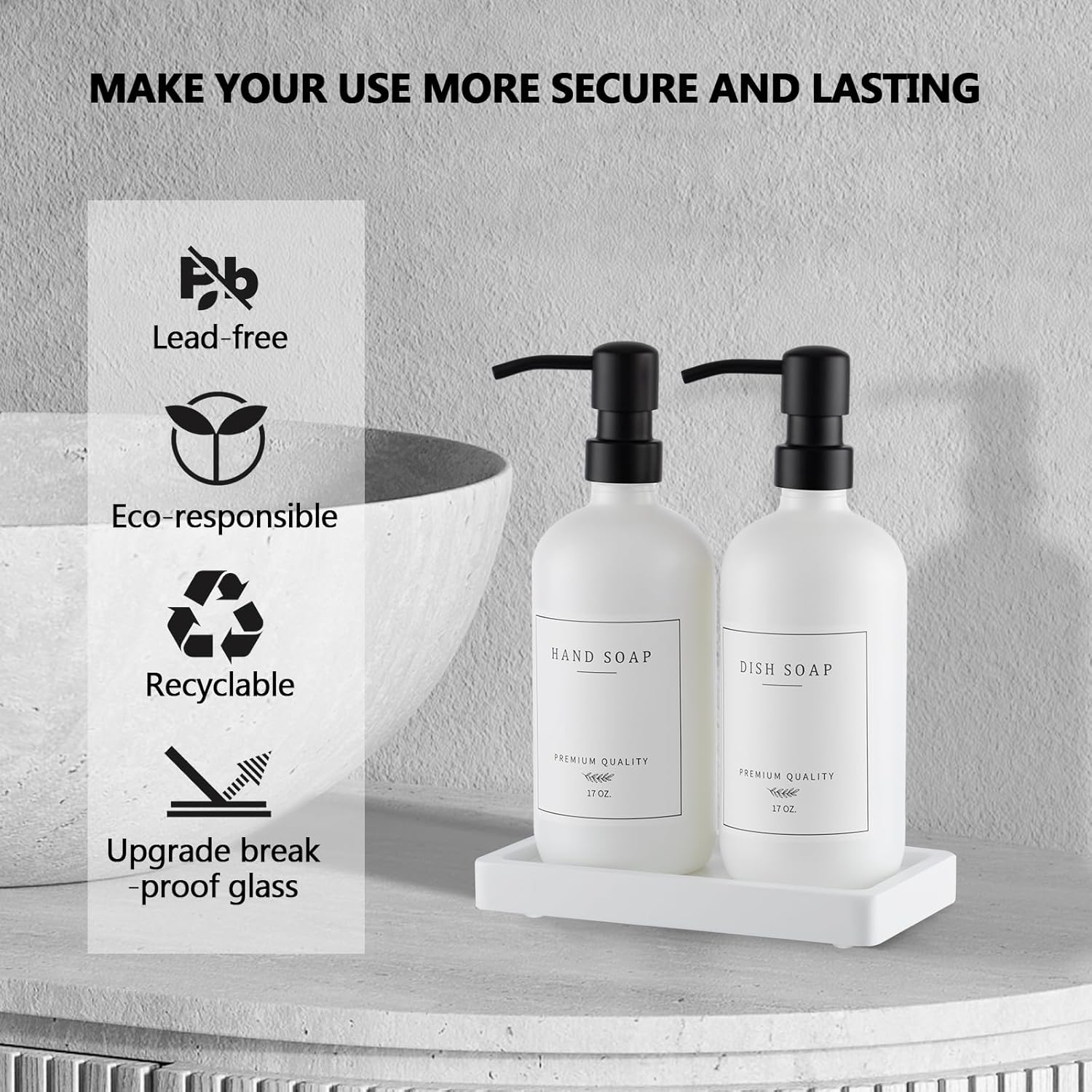 Thick Glass Soap Dispenser - Kitchen Dish Hand Soap Dispenser Set,Rustproof Pump Soap Lotion Dispenser Bathroom with Tray,14 Stickers for Kitchen Decor White Bottle/Black Pump