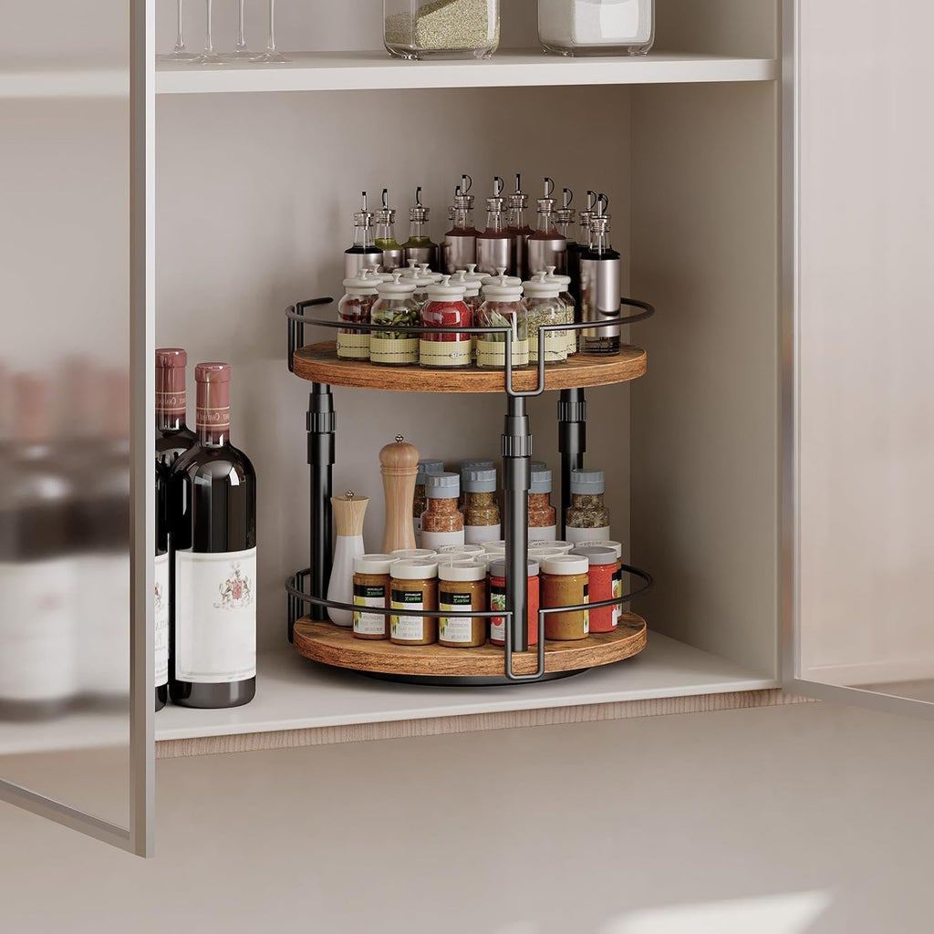 HOOBRO Lazy Susan Organizer Spice Rack, 2-Tier Height Adjustable Rotating Lazy Turntable Spice Organizer, for Kitchen Countertop and Cabinet, Rustic Brown BF05TL01