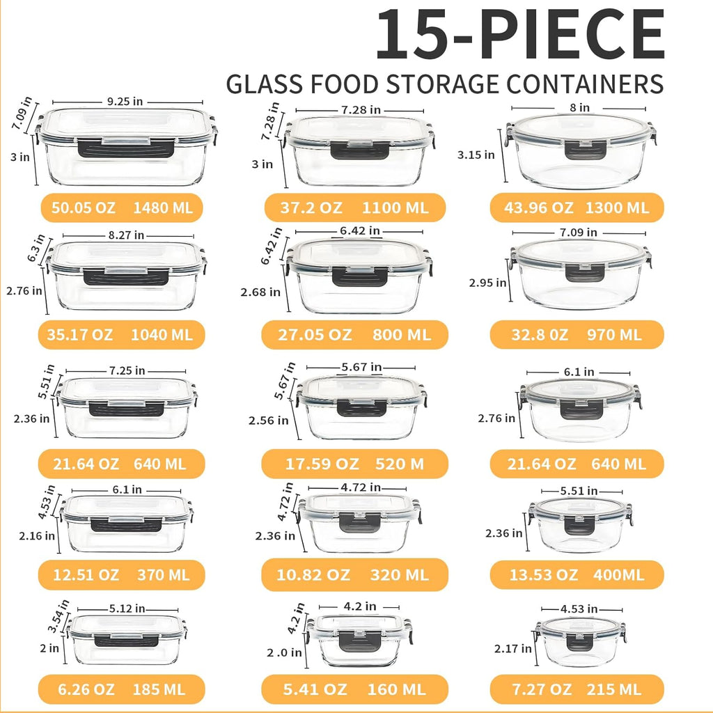 Skroam 15 Pack Glass Food Storage Containers with Lids Airtight, Glass Meal Prep Containers, Lunch Containers with Lids for Microwave, Oven, Freezer and Dishwasher Safe