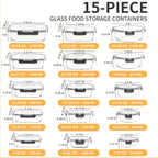 Skroam 15 Pack Glass Food Storage Containers with Lids Airtight, Glass Meal Prep Containers, Lunch Containers with Lids for Microwave, Oven, Freezer and Dishwasher Safe