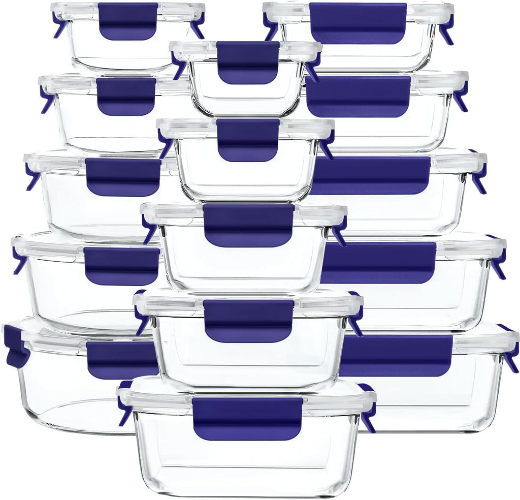 GENICOOK 30 Pieces Glass Food Storage Containers with Snap Locking Lids,Glass Meal Prep Containers Set - Airtight Lunch Containers, Microwave, Oven, Freezer and Dishwasher BLUE