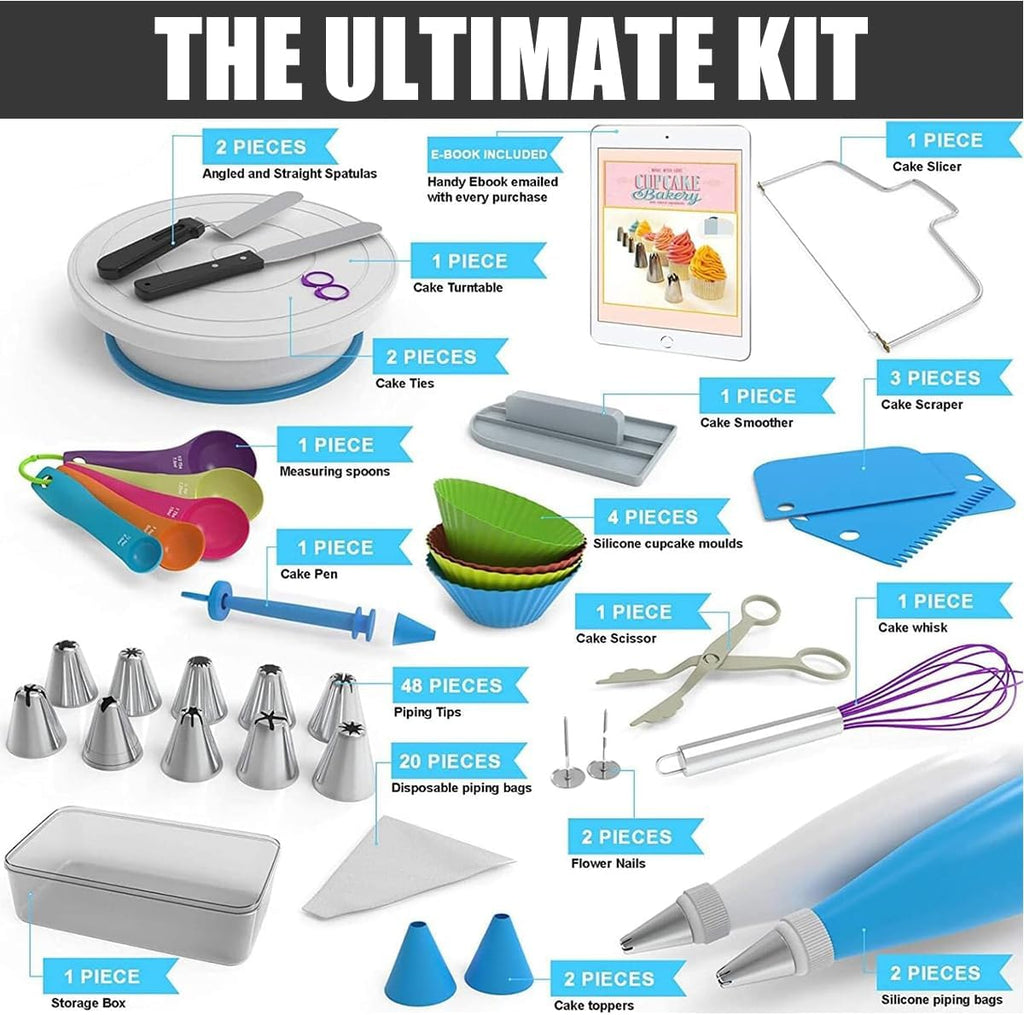 Cake Decorating Supplies Kit - Cake Turntable Set with 48 Icing Piping Tips, 20 Disposable Pastry Bags, 2 Couplers, Baking Tools for Beginners