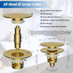 Hibbent All Metal 2 in 1 Bathroom Sink Stopper, Universal Pop Up Drain Strainer, Brass Bullet Core Push Type Sink Stopper for 1.1''~2.3'' Basin, Big Push Button, Anti Clogging Filter, Brushed Gold