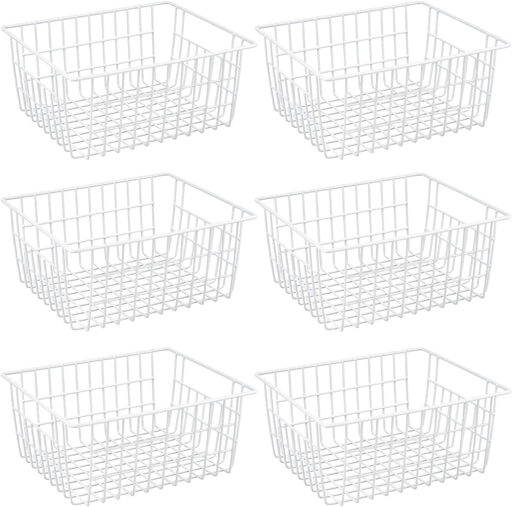 Redrubbit Wire Storage Baskets, Large Farmhouse Metal Freezer Basket Storage Organizer Bins with Handles for Kitchen Cabinets, Pantry, Closets, Bedrooms, Bathrooms, Set of 6, White