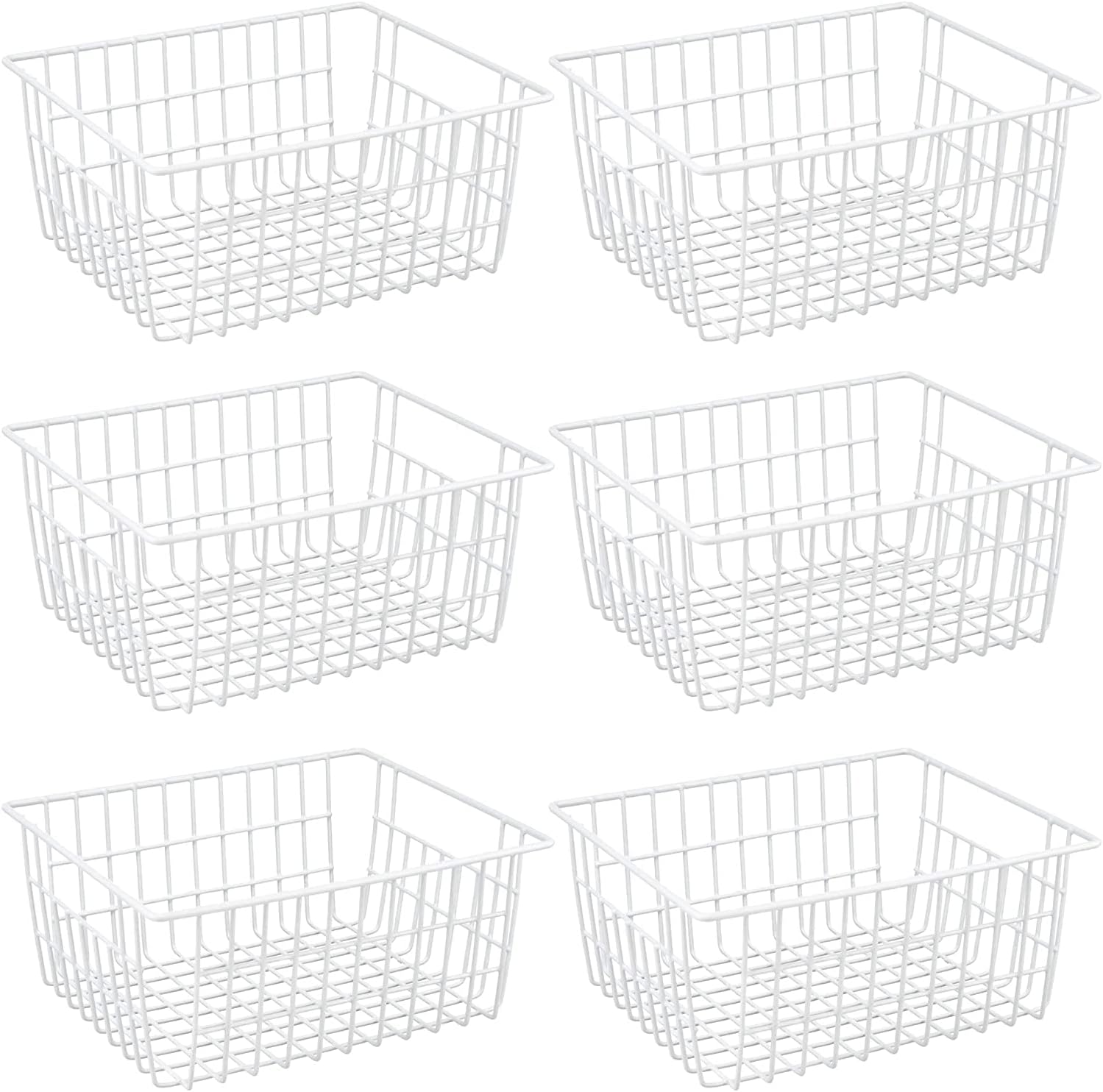 Redrubbit Wire Storage Baskets, Large Farmhouse Metal Freezer Basket Storage Organizer Bins with Handles for Kitchen Cabinets, Pantry, Closets, Bedrooms, Bathrooms, Set of 6, White