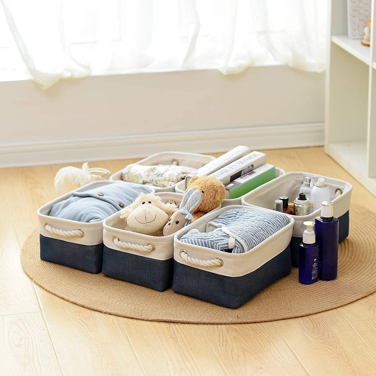 TcaFmac Organization and Storage Cubes - 12x8x5.2 inch Small 6 Pack Collapsible Storage Bins for Sheves, Fabric Storage Basket for Gifts Empty for Closet Cloth Toy Kids Books(White & Jean Blue)