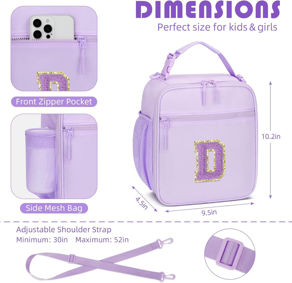 Initial Insulated Lunch Bag for Girls Kids, Back to School Gift, Reusable Leak-proof Lunch Box with Adjustable Strap for School Daycare Travel Picnic (Purple,D)
