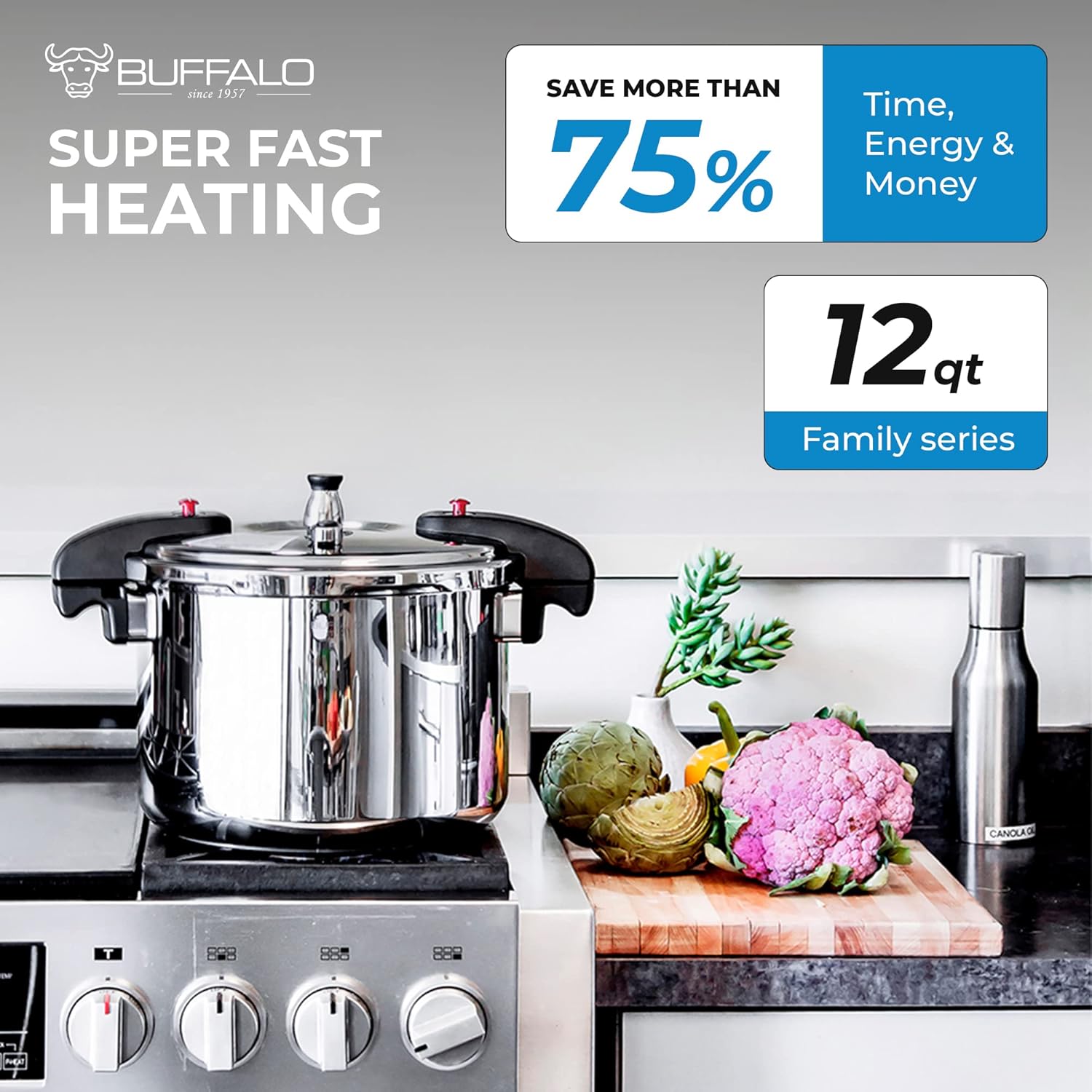 Buffalo 12 Quart Pressure Cooker Stainless Steel - Large Canning Pot with Lid for Home, Commercial Use - Easy to Clean Induction Stove Top Pressure Canner, Can Cooker - SG Certificate QCP412