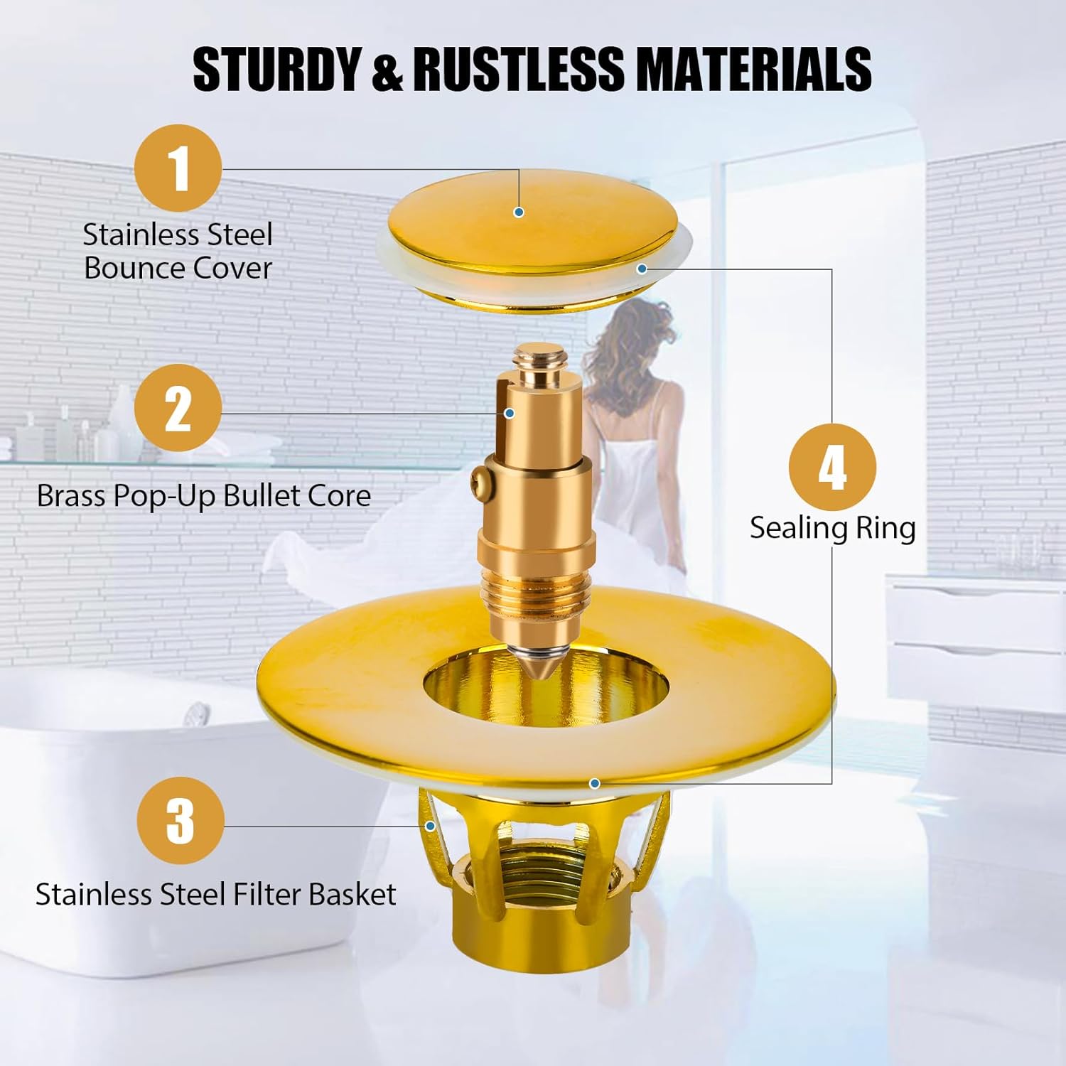Three colors Bathroom Sink Stopper, 1.1-1.5" Bathroom Sink Drain Strainer, Universal WashBasin Pop Up Drain Stopper, Bounce Core Push Type Sink Plug, Anti-Clogging, Stainless Steel (Gold,1PCS)