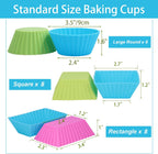 24Pack Silicone Muffin Cups, Reusable Cupcake Liners Molds for Baking, 3 Shapes Lunch Box Bento Dividers-Round, Square, and Rectangular (Colorsful, Regular Size)