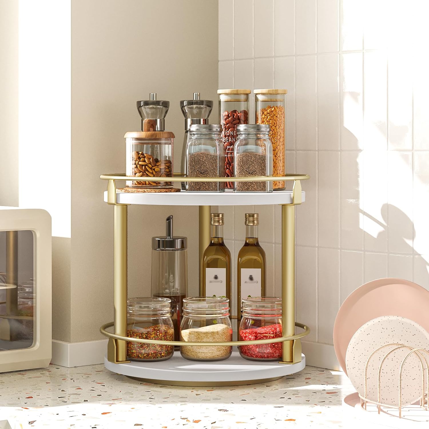 Lazy Susan Organizer, Rotating Spice Rack, 2 Tier Spice Turntable Organizer, Industrial Turntable Spice Holder, for Kitchen Countertop and Cabinet, Compact and Versatile, White and Gold SR22DW