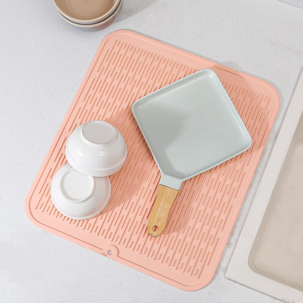 Silicone Dish Drying Mat for Multiple Usage,Easy clean,Eco-friendly,Heat-resistant Silicone Mat for Kitchen Counter or Sink,Refrigerator or Drawer Liner Pink XL 18 inches x 16 inches
