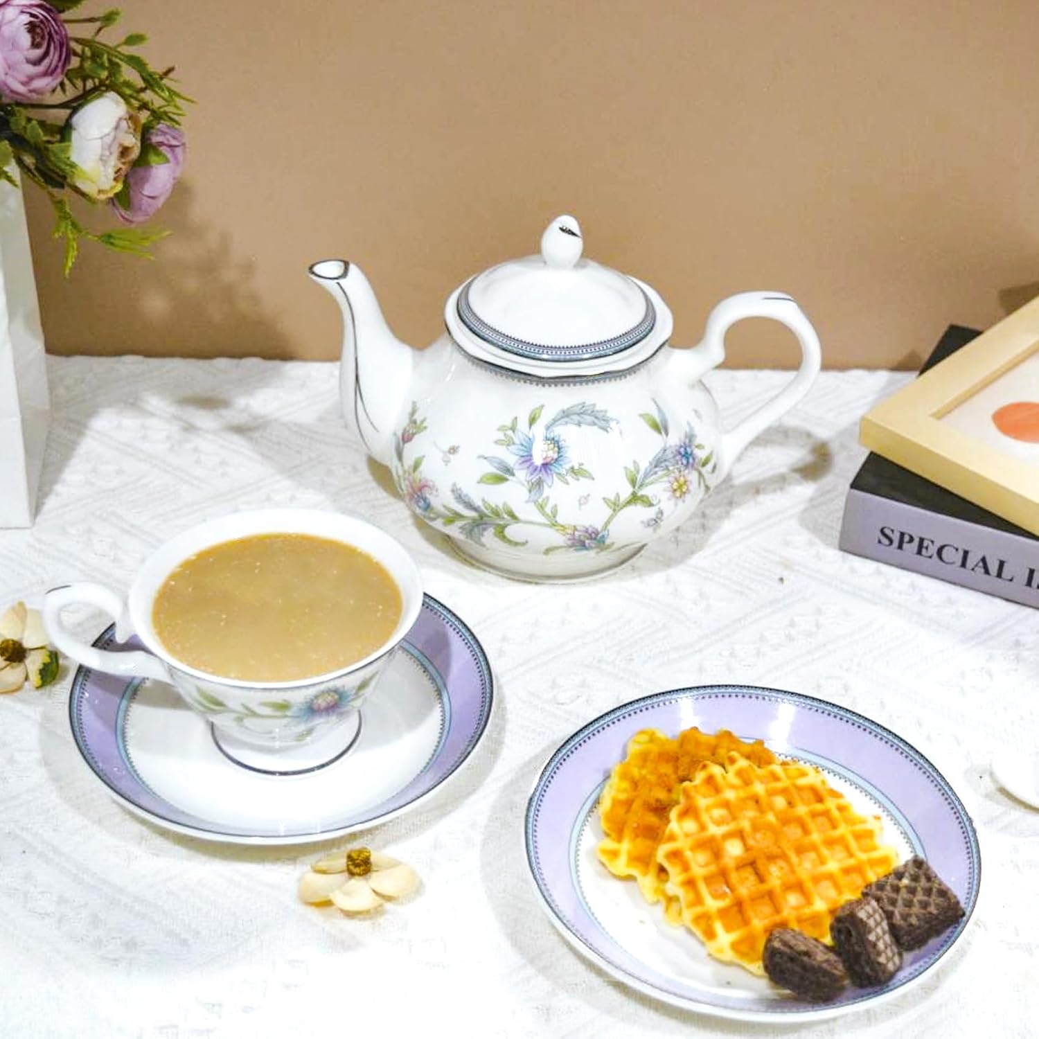 Bone China Tea Set, 21-Pieces Porcelain Tea Set for Adults, Tea Cups And Saucers for 6, with Teapot, Spoons, Sugar Bowl, Creamer Pitcher, Vintage Tea Set for Women Tea Party (Purple)