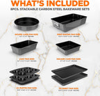NutriChef 8-Piece Nonstick Stackable Bakeware Set - PFOA, PFOS, PTFE Free Baking Tray Set w/Non-Stick Coating, 450°F Oven Safe, Round Cake, Loaf, Muffin, Wide/Square Pans, Cookie Sheet (Gray)