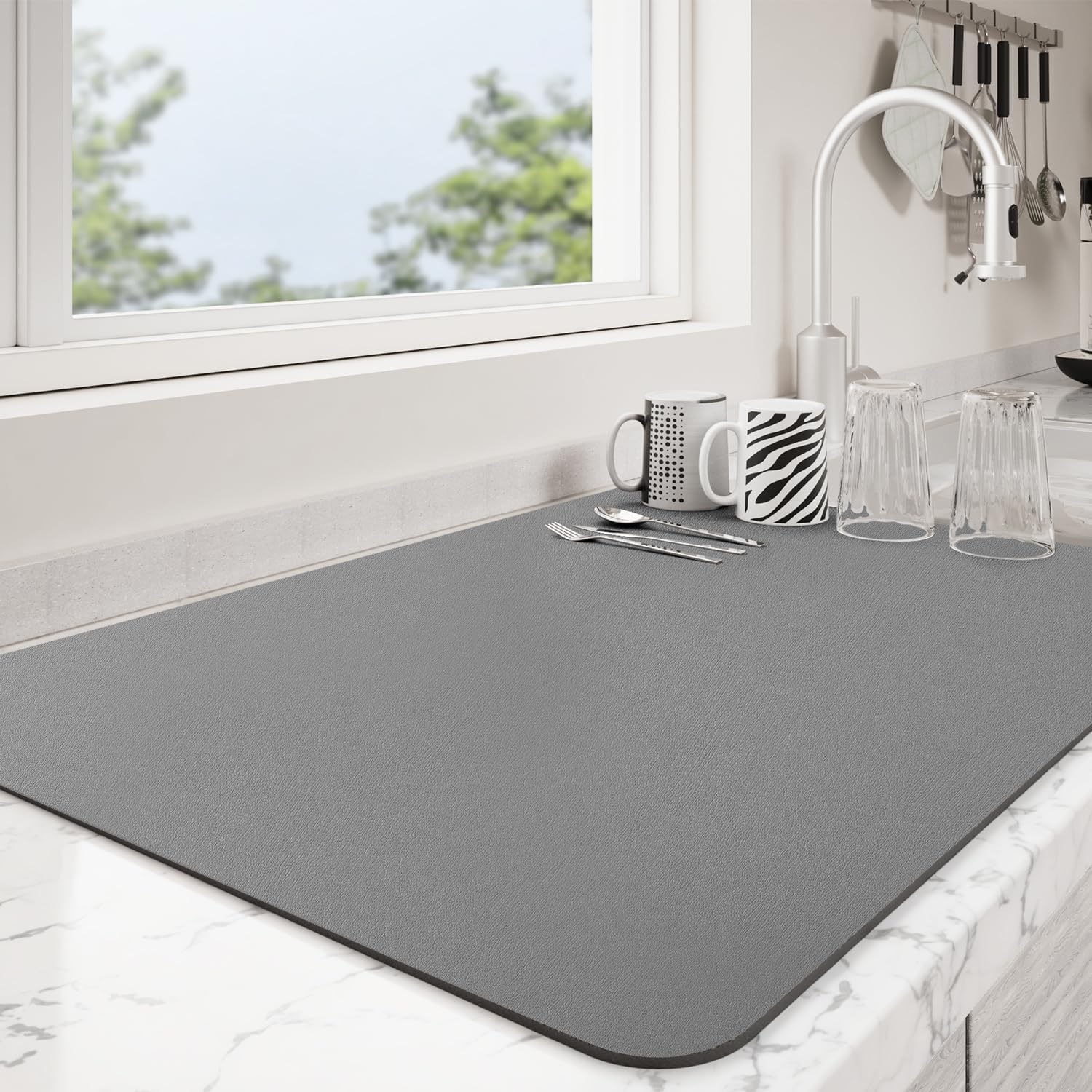 Dish Drying Mat for Kitchen Counter | Coffee Bar Mat for Countertops | Heat Resistant Drainer Mat with Non-slip Rubber Backed | Hide Stain Kitchen Absorbent Draining Mat | Dark Grey 16"x24"