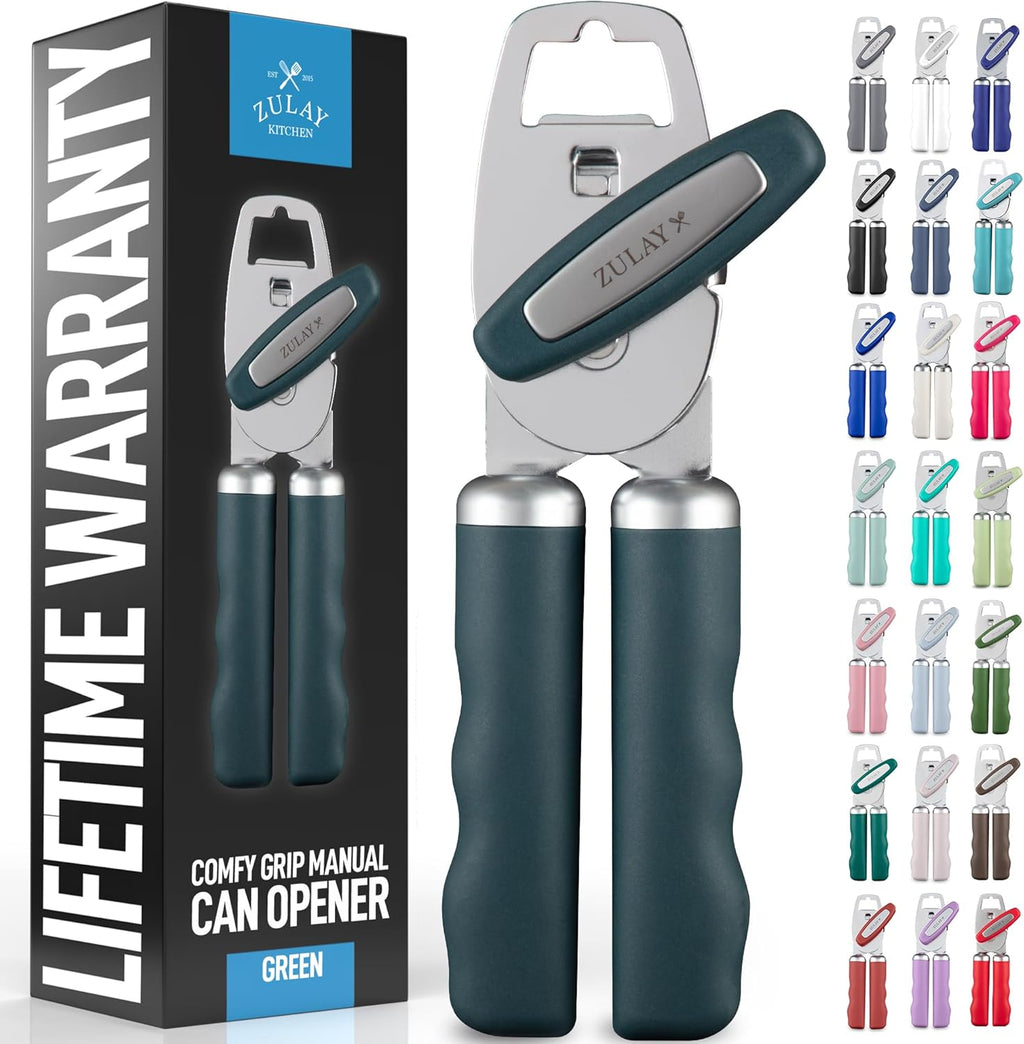 Zulay Kitchen Heavy Duty Stainless Steel Can Opener Manual with Bottle Opener - Rust Proof Manual Can Opener With Turn Knob & Soft Grip Handles