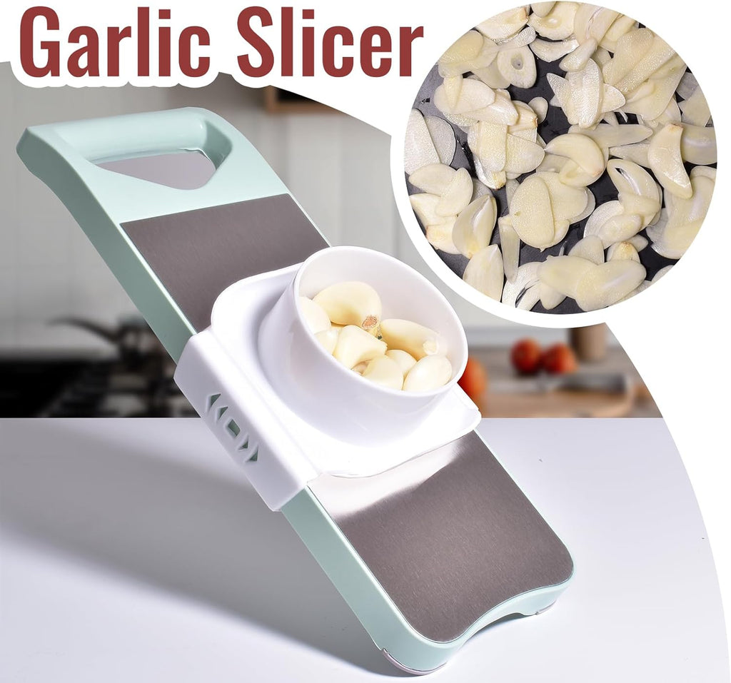 Multi-Purpose Mandoline Slicer with Slide-On Hand Guard - Vegetable Chopper, Potato/Onion/Garlic Slicer, Kitchen Grater(Multi-Color) (Seafoam green, 5-in-1)