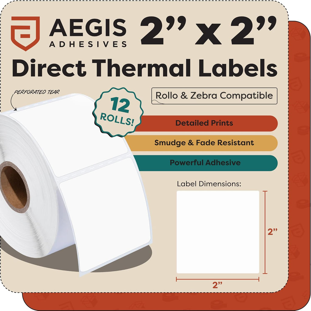 Aegis Adhesives - 2” X 2” Square Direct Thermal Multipurpose Labels for QR Codes, Barcodes, Perforated & Compatible with Rollo, Zebra, & Other Desktop Label Printers (12 Rolls, 700/Roll)