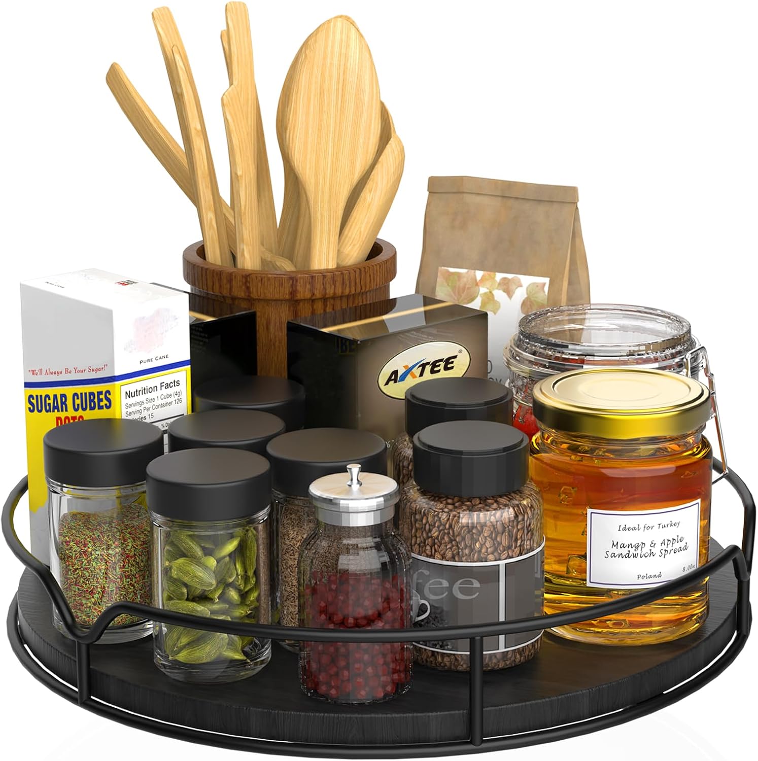 Lazy Susan Turntable Organizer with Anti-Slip Mat for Cabinet Pantry Kitchen Countertop Refrigerator Office, Pine Wood, 13", Black