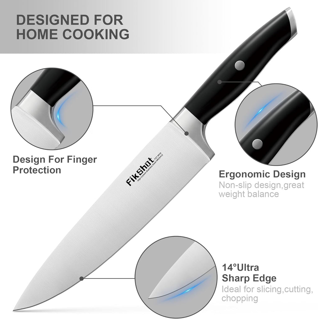 Knife Block Set, FIKSHOT Kitchen Knife Sets, High Carbon Stainless Steel Full Tang Knife set, Razor-Sharp Blade Rust Resistant, Professional Chef's Knife for Home Cooking (BLACK)
