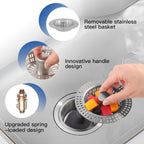 3 in 1 Kitchen Sink Drain Strainer Stopper, Stainless Steel Pop Up Sink Stopper with Anti-Clogging Basket Strainer Width 3.07" Height 1.77 for Deep Sink (Silver)