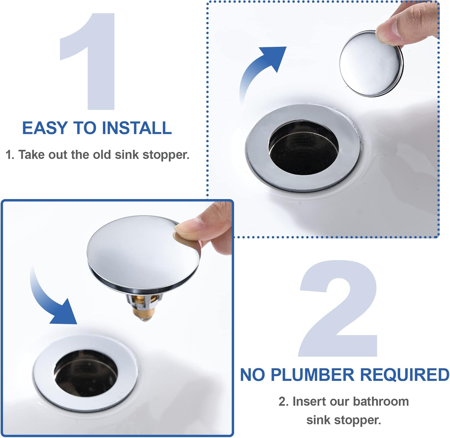 Universal 3-in-1 Bathroom Sink Stopper - Chrome Pop Up Sink Drain Stopper, Push Button Sink Drain Stopper Replacement, Wash Basin Drain Filter Plug with Anti-Clogging Strainer, (Large Cover)