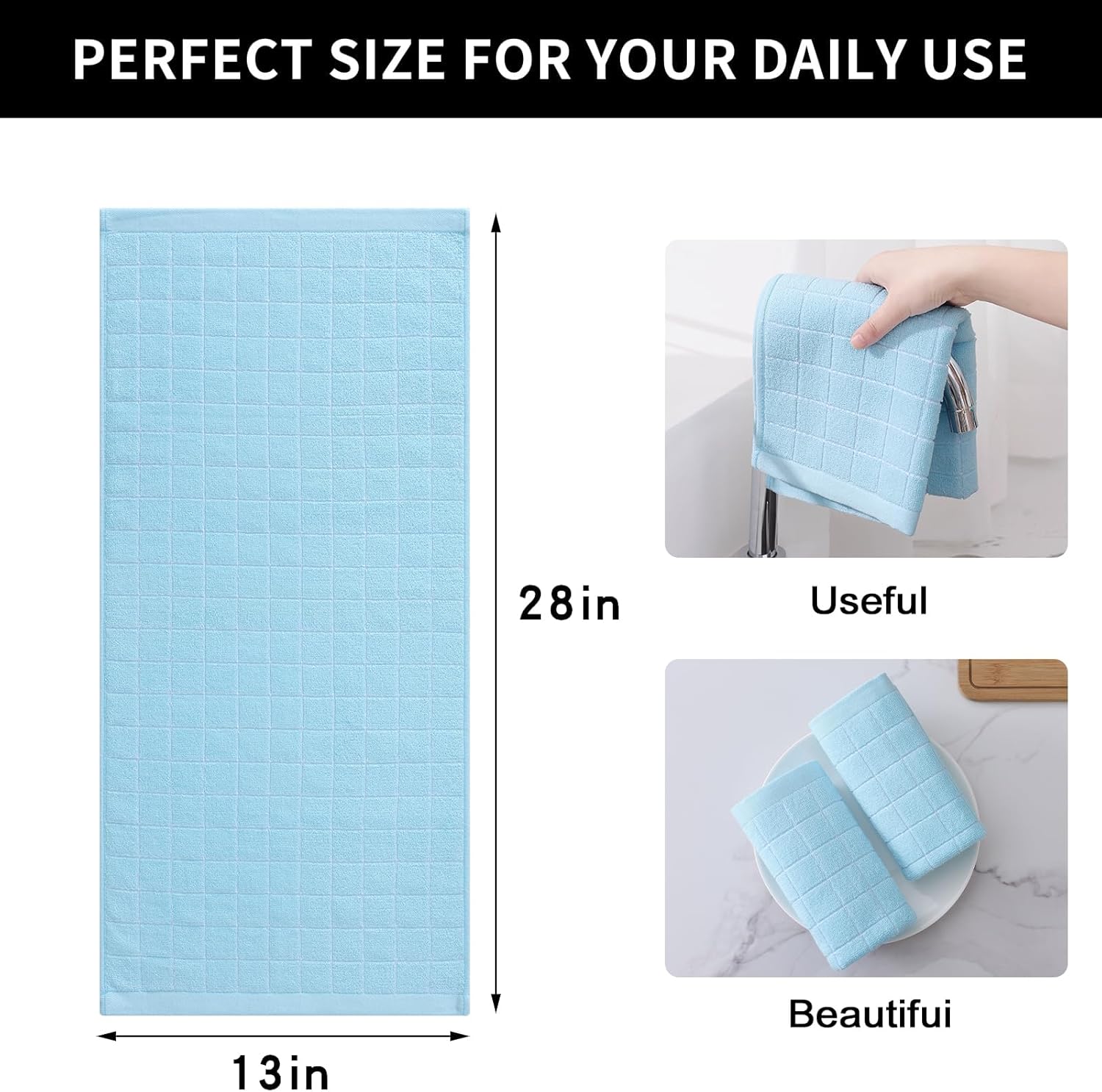 Homaxy 100% Cotton Terry Kitchen Towels(Sky Blue, 13 x 28 inches), Checkered Designed, Soft and Super Absorbent Dish Towels, 4 Pack