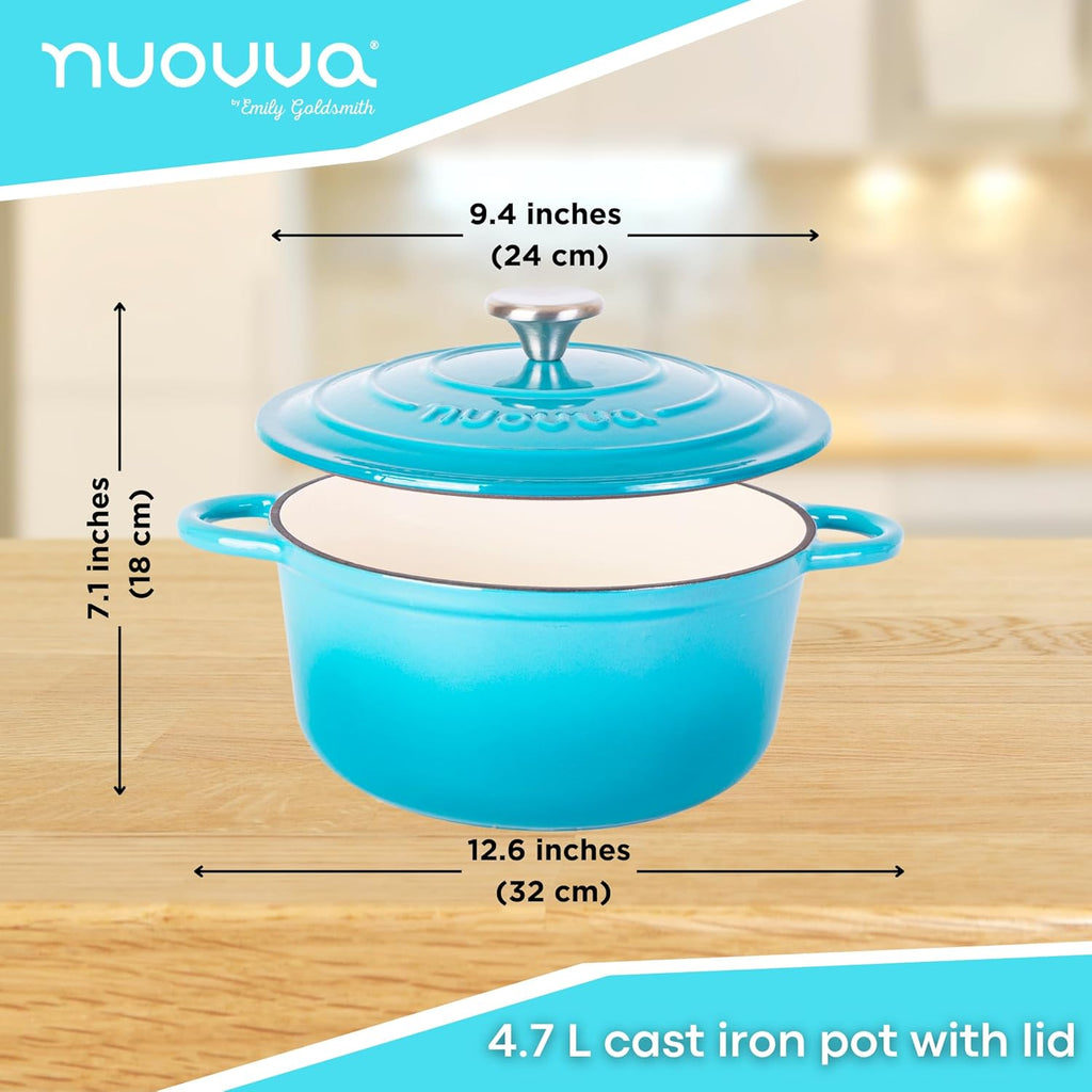 Cast Iron Pot with Lid – Non-Stick Ovenproof Enamelled Casserole Pot, Oven Safe up to 500° F – Sturdy Dutch Oven Cookware – Blue, 5-Quart, 24cm – by Nuovva