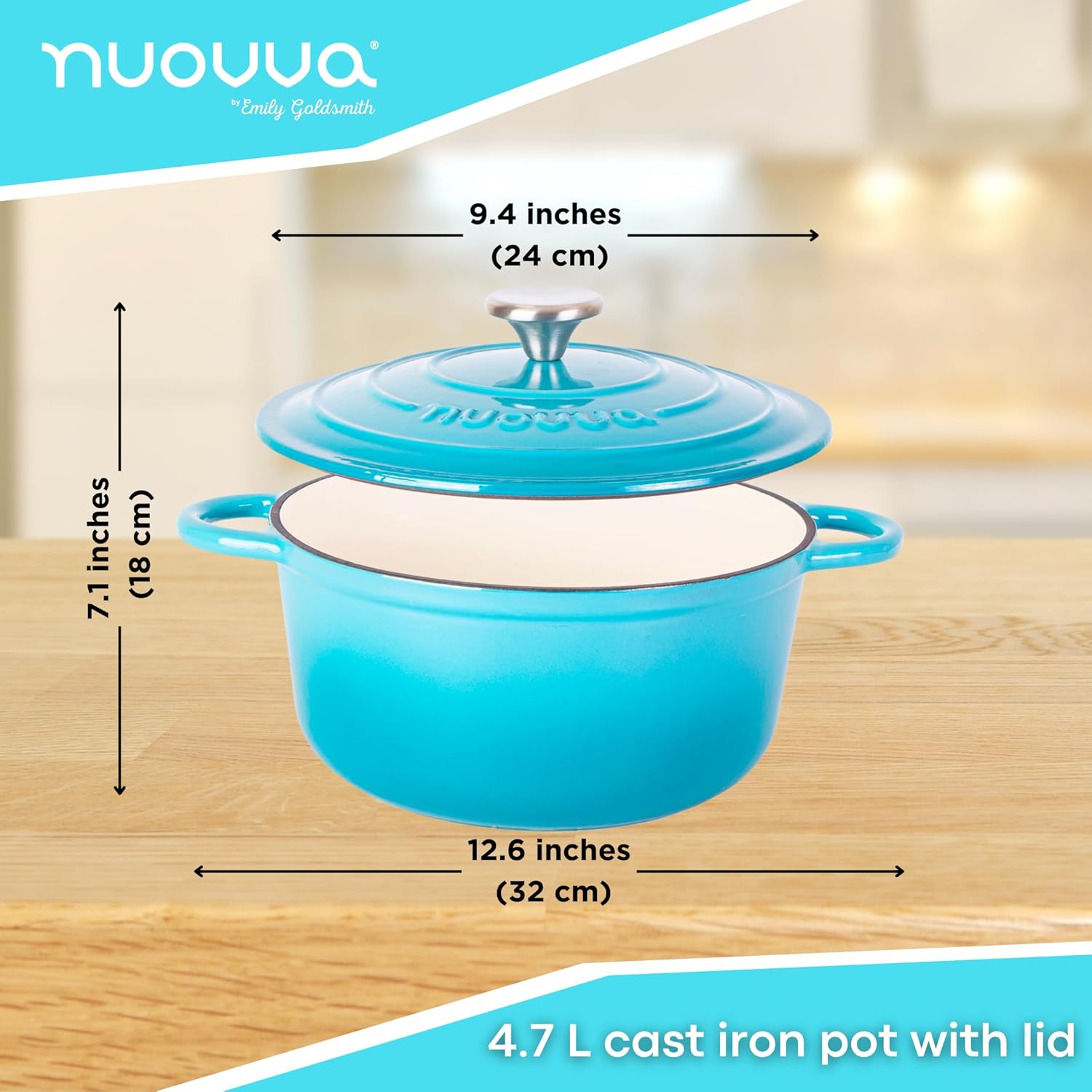 Cast Iron Pot with Lid – Non-Stick Ovenproof Enamelled Casserole Pot, Oven Safe up to 500° F – Sturdy Dutch Oven Cookware – Blue, 5-Quart, 24cm – by Nuovva