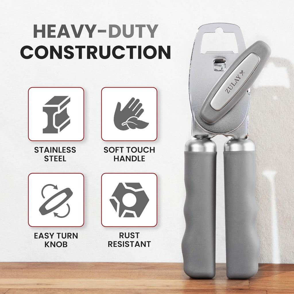 Zulay Kitchen Heavy Duty Stainless Steel Can Opener Manual with Bottle Opener - Rust Proof Manual Can Opener With Turn Knob & Comfy Soft Grip Handles - Light Gray