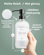 Vine Creations White Glass Soap Dispenser, 2 Pack Kitchen Soap Dispenser Set with Stainless Steel Pump, 16 oz Dish Soap and Hand Soap Dispensers for Bathroom with Waterproof Labels