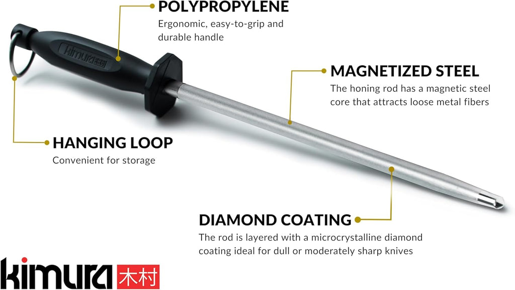 Kimura Professional Diamond Honing Rod, 10 Inch, Silver, Extra Fine Grit, Magnetized, Ergonomic Handle, Versatile Knife Sharpener, Japanese Gift Box