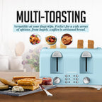 OVENTE Electric 4-Slice Toaster Machine with 6-Shade Selector Setting, Cancel Button, Defrost Function, Crumb Tray, 1400W Power and Wide Slots for Bagels, Waffles and Puff Pastry, Light Blue TS4410LBL