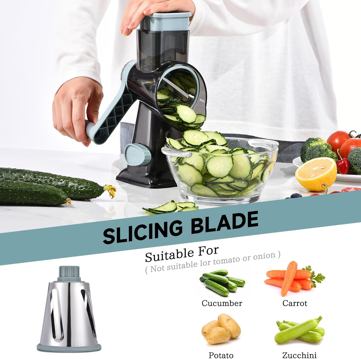 Rotary Cheese Grater Hand Crank Cheese Shredder Vegetable Mandoline Slicer for Kitchen 3 in 1 Changeable Blades for Cheese Potato Nuts Chocolate Ice(GreyBlue)